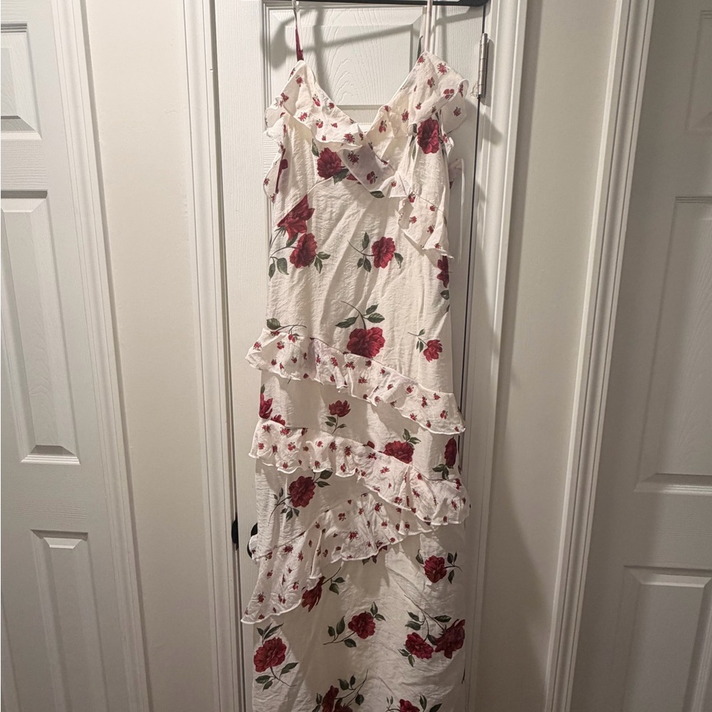 White Floral Ruffle Slip Dress with Red Rose Print